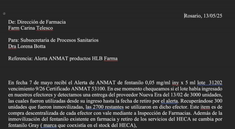 El documento que revela que Rosario detectó el fentanilo contaminado en febrero y la Anmat no hizo nada hasta mayo