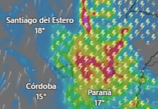 Mapa de Argentina con zonas marcadas bajo alerta naranja y amarilla por tormentas y lluvias.