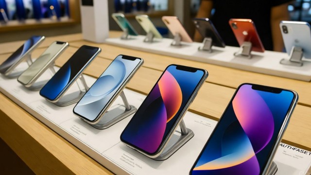 Comparativa visual de diferentes modelos de iPhone en un escritorio con gráficos de precios de fondo.