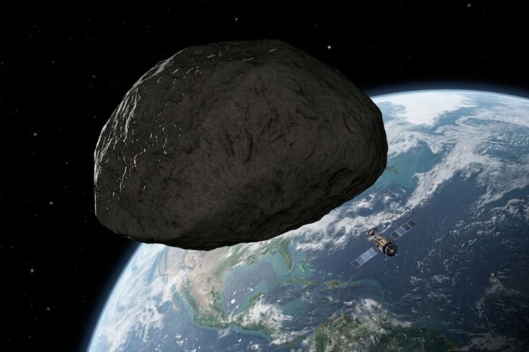 Ilustración de un asteroide pasando cerca del planeta Tierra.