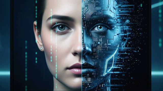Ilustración conceptual de un rostro digital siendo alterado por líneas de código, representando la tecnología deepfake.