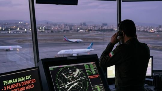 Representación gráfica de un ciberataque a infraestructura crítica, con iconos de servidores, agua y aviones sobre un mapa de Medio Oriente.