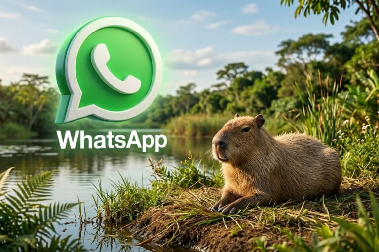 Ilustración de un capibara junto al ícono de la aplicación WhatsApp en un teléfono móvil.
