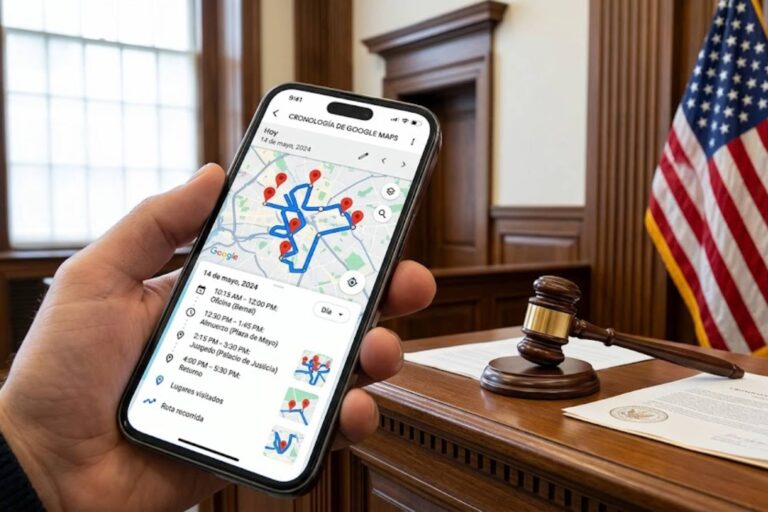 Edificio de la Corte Suprema de Estados Unidos con un teléfono móvil y un mapa de geolocalización en primer plano