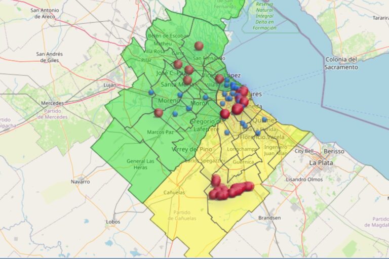 Mapa del Área Metropolitana de Buenos Aires (AMBA) con indicadores de cortes de luz.