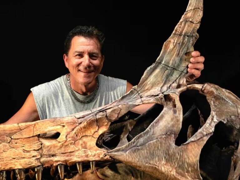 Recreación artística del Spinosaurus mirabilis en un entorno fluvial antiguo.