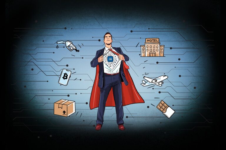 Ejecutivos en reunión analizando datos en pantallas, representando el uso de inteligencia artificial en empresas.