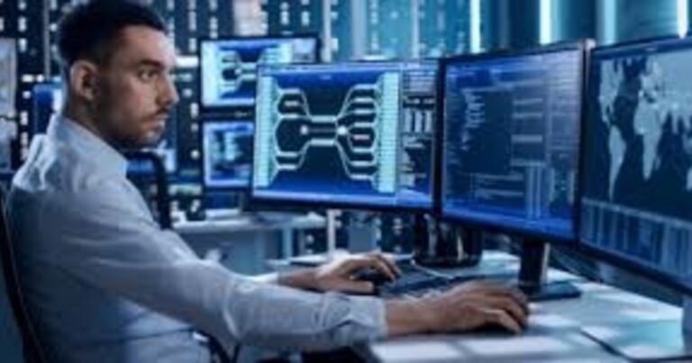 Persona trabajando en una oficina con símbolos de inteligencia artificial y un cerebro humano en el centro