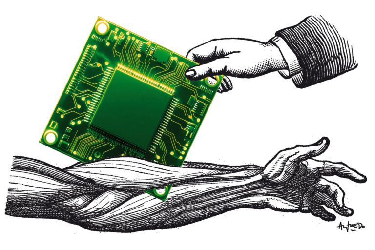 Persona observando sus manos, con proyecciones digitales de interfaz sobre la piel, simbolizando la integración futura de la tecnología al cuerpo.