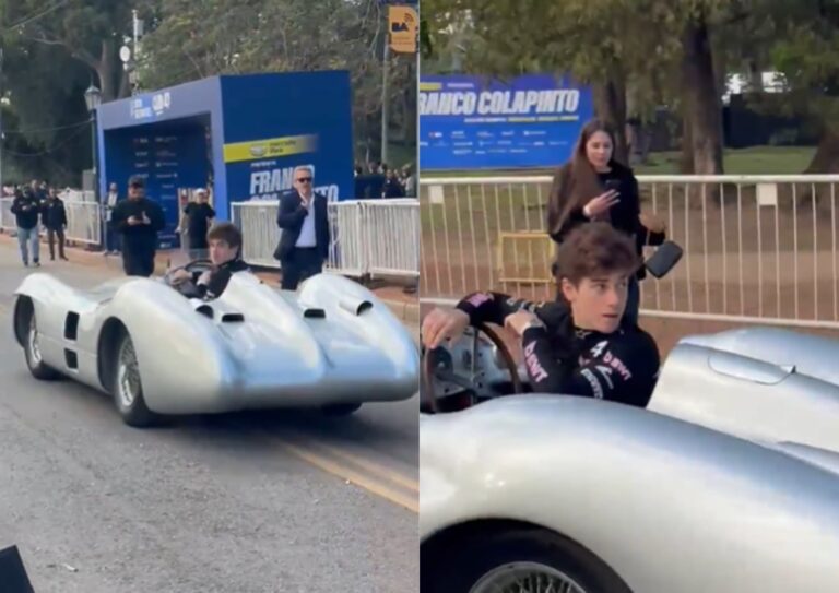 Franco Colapinto al volante de la Flecha de Plata de Fangio en el Road Show de Buenos Aires