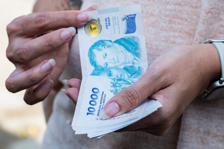 Adultos mayores en una fila de un banco con carteles de Anses