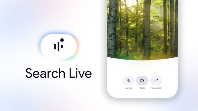 Persona usando un celular con la aplicación de Google Search Live activada, mostrando la interfaz de búsqueda por voz y cámara.