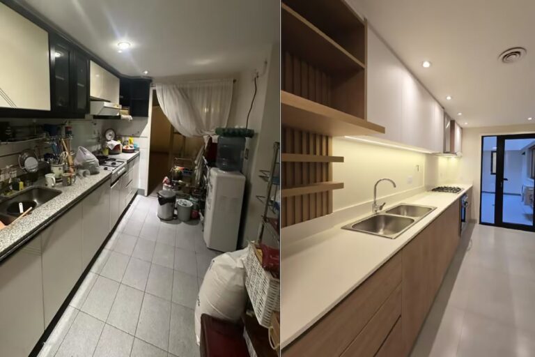 Fotografías comparativas del interior de un departamento en Caballito, mostrando su estado antes y después de una remodelación.