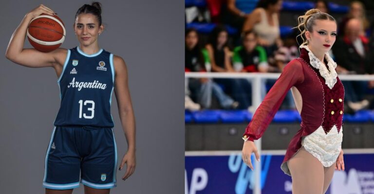 Delfina Veljanovich patinando y Candela Gentinetta jugando al básquet, representantes del deporte argentino.