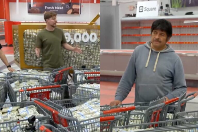 MrBeast presenta un desafío dentro de un supermercado con participantes compitiendo por un millón de dólares.