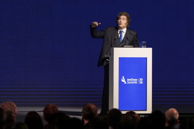 El Presidente Javier Milei durante su discurso ante empresarios estadounidenses.