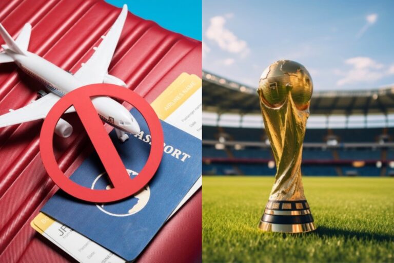 Mapa de Estados Unidos con banderas de Haití, Senegal y Costa de Marfil, relacionado con restricciones migratorias para el Mundial 2026.