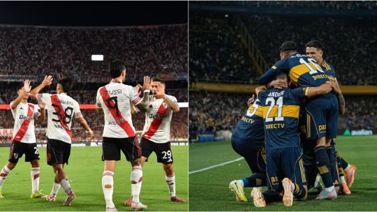 Escudos de River Plate y Boca Juniors enfrentados sobre un campo de fútbol