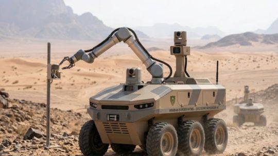 Robot autónomo de patrulla en terreno desértico, representando la tecnología de vigilancia fronteriza.