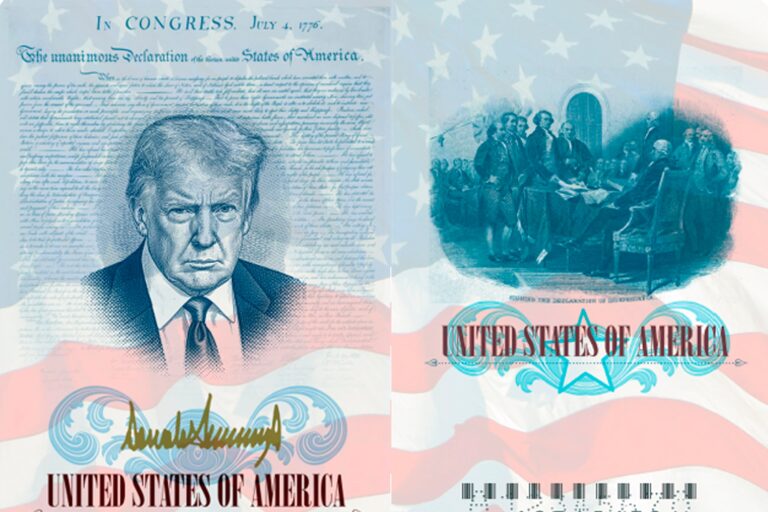Pasaporte estadounidense con la imagen del presidente Trump
