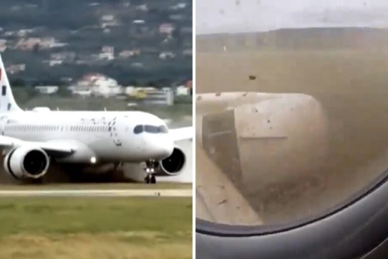 Avión de Croatia Airlines detenido sobre el césped al costado de la pista del aeropuerto de Split
