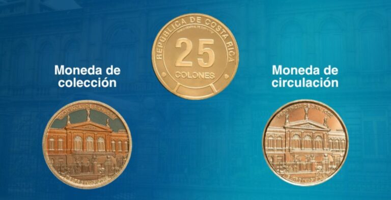 Moneda coleccionable de ₡25 del Banco Central de Costa Rica con la silueta del Teatro Nacional