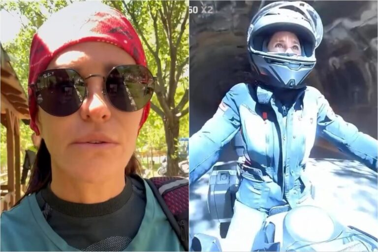 Carolina Baldini en moto durante su viaje de Croacia a Grecia