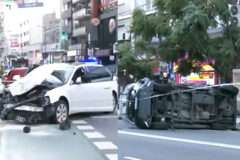Patrullero volcado en el cruce de las avenidas Callao y Corrientes, con personal de emergencias trabajando en el lugar
