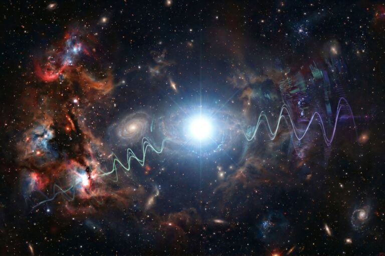 Representación artística de una supernova superluminosa con un magnetar giratorio emitiendo ondas