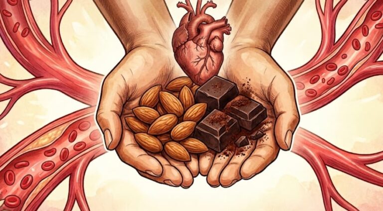 Almendras y trozos de chocolate negro sobre una mesa de madera, representando una combinación saludable para el corazón