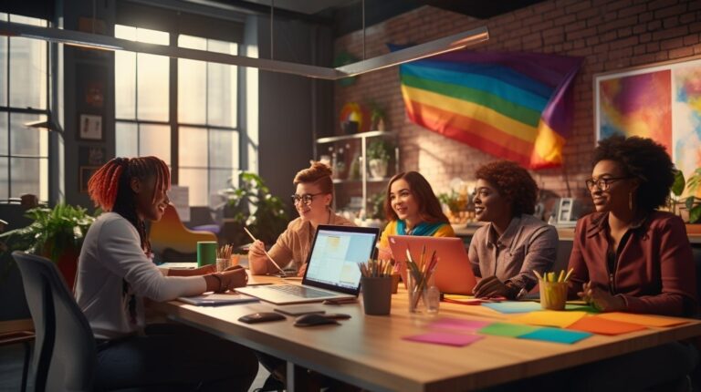 Oficina corporativa con personas trabajando en escritorios