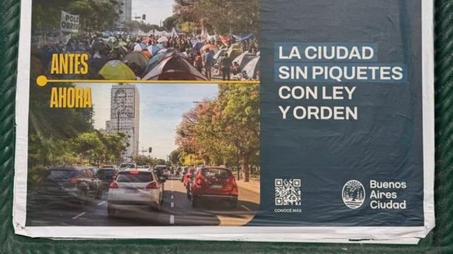 Cartel de la campaña del Gobierno porteño con la frase La ciudad sin piquetes con ley y orden