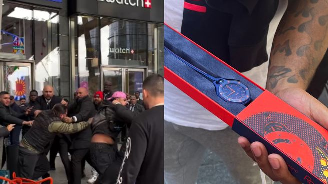 Multitud frente a una tienda de Swatch en Times Square, Nueva York, durante el lanzamiento del reloj Royal Pop