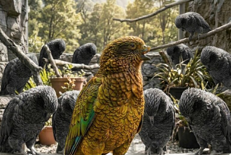 Loro kea Bruce sin pico superior en reserva Willowbank