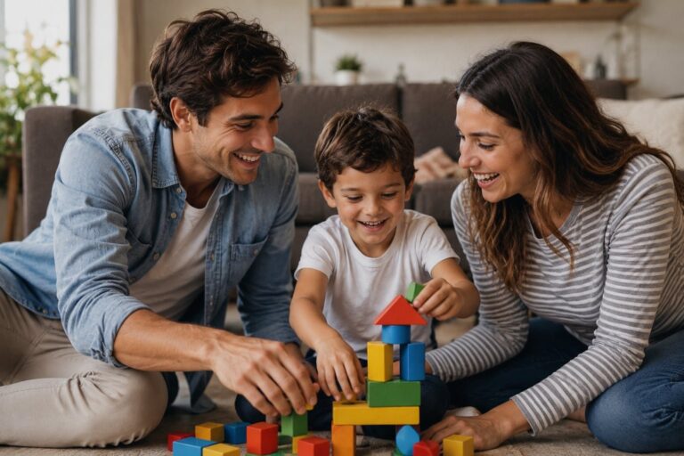 Niño dibujando mientras un adulto lee cerca, representando la presencia emocional en la infancia