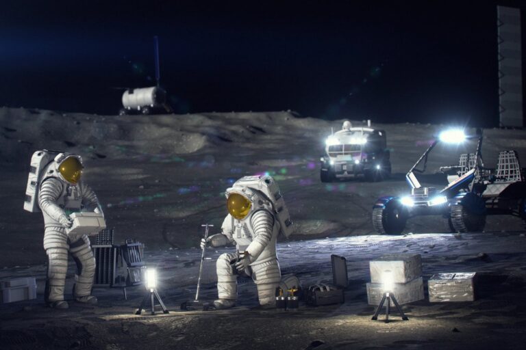 Representación artística de la base lunar Moon Base con rovers y astronautas en el polo sur de la Luna