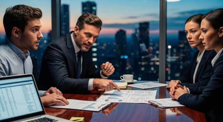 Personas en una reunión de negocios con expresiones serias