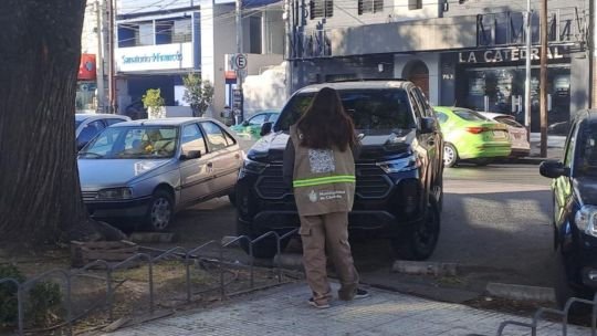Automóviles estacionados en la vía pública en Córdoba con señalización de estacionamiento medido