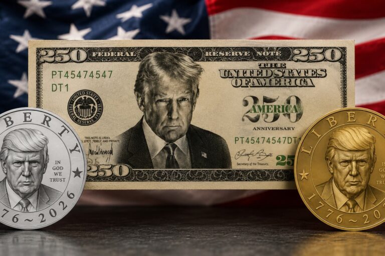 Boceto de billete de 250 dólares con la imagen de Donald Trump