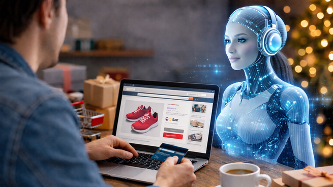 Persona estudiando frente a una laptop con íconos de inteligencia artificial y gráficos de crecimiento laboral