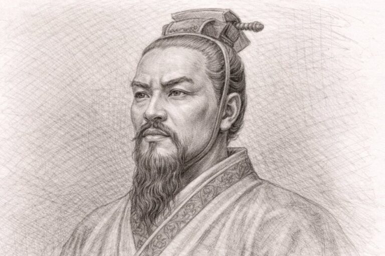 Representación artística de Sun Tzu, estratega militar chino, con un libro antiguo