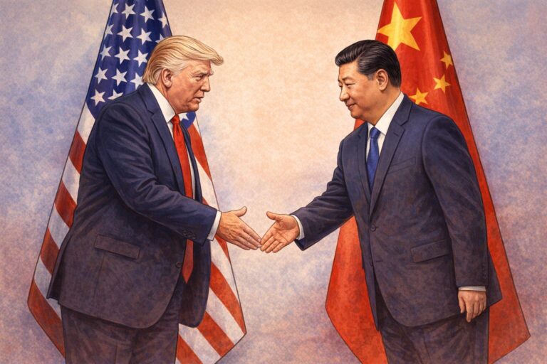 Bandera de Taiwán y banderas de Estados Unidos y China en una mesa de negociaciones