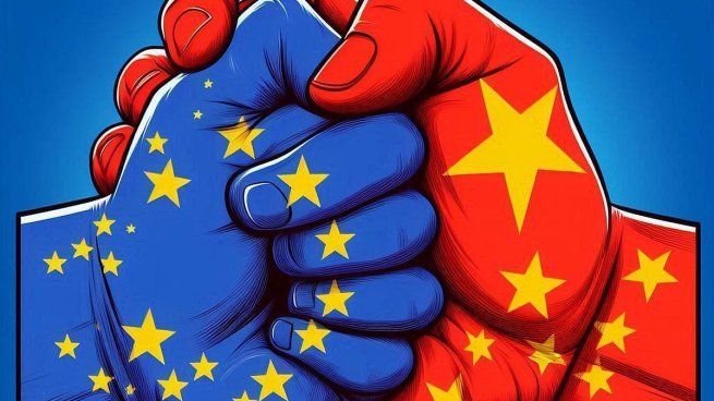 Bandera de la Unión Europea y de China en un contexto comercial
