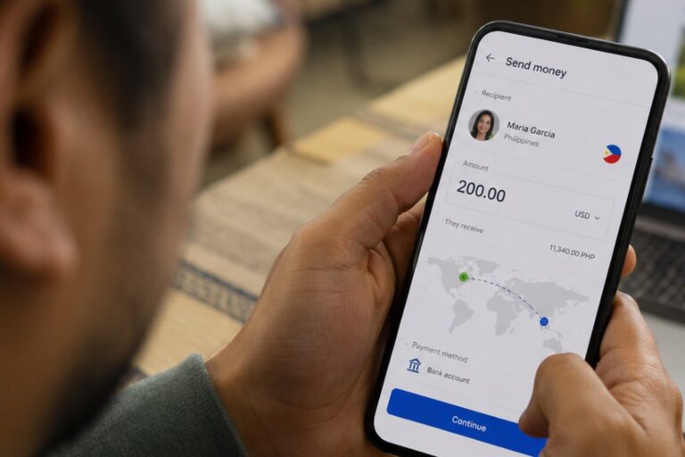 Aplicación de envío de remesas con criptomonedas en un teléfono móvil
