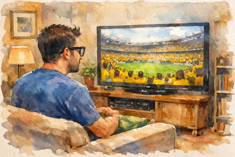 Persona viendo un partido de fútbol en televisor con iluminación ambiental suave