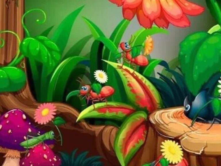 Ilustración de una escena natural con hormigas, flores y plantas para encontrar siete diferencias