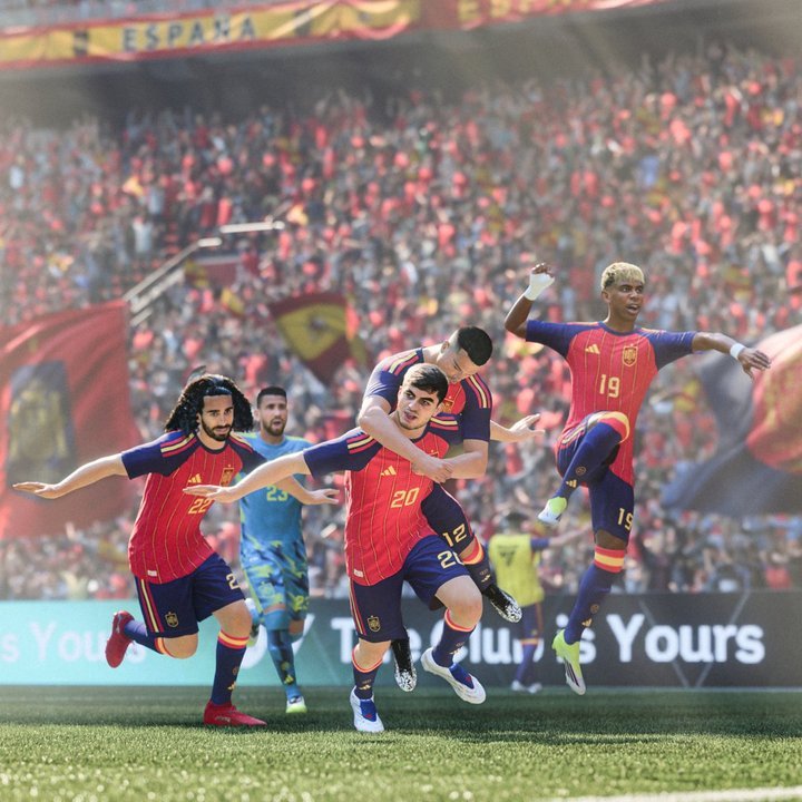 Imagen de futbolistas españoles festejando en la simulación del Mundial 2026 de EA Sports FC