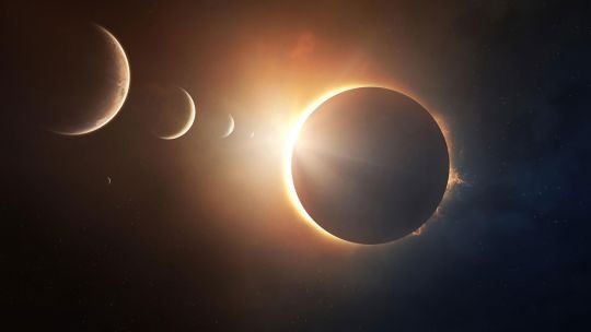 Representación de un eclipse solar total con la Luna cubriendo el Sol y la corona solar visible