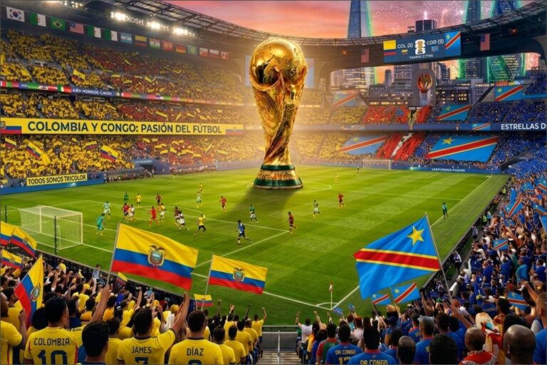 Estadio de fútbol con banderas de selecciones durante el Mundial 2026