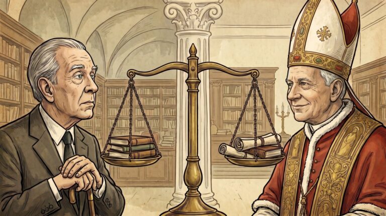 Ilustración conceptual de justicia e inteligencia artificial con libros y engranajes
